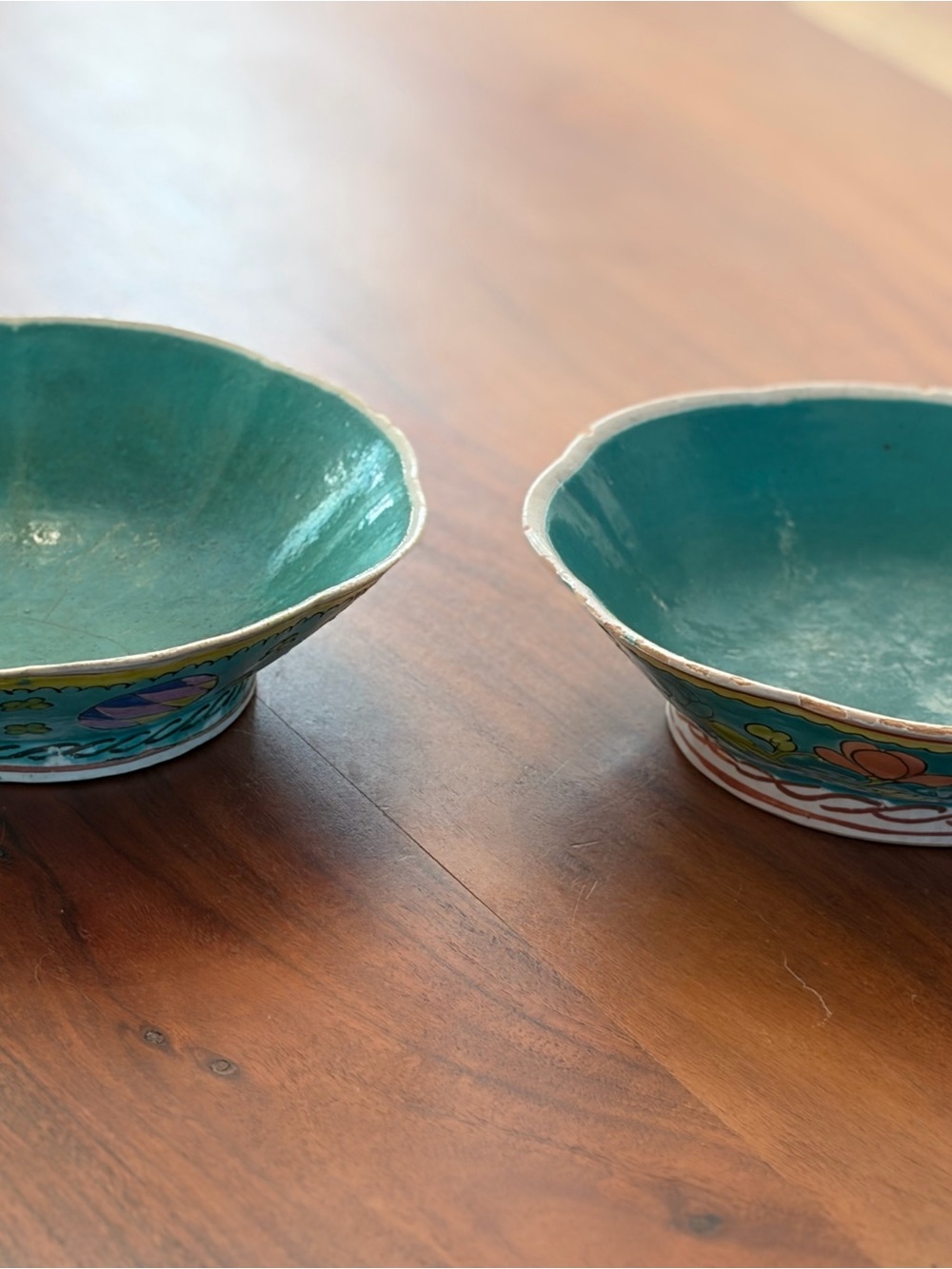 Vintage chinese turquoise ground hand painted floral porcelain bowl offering
